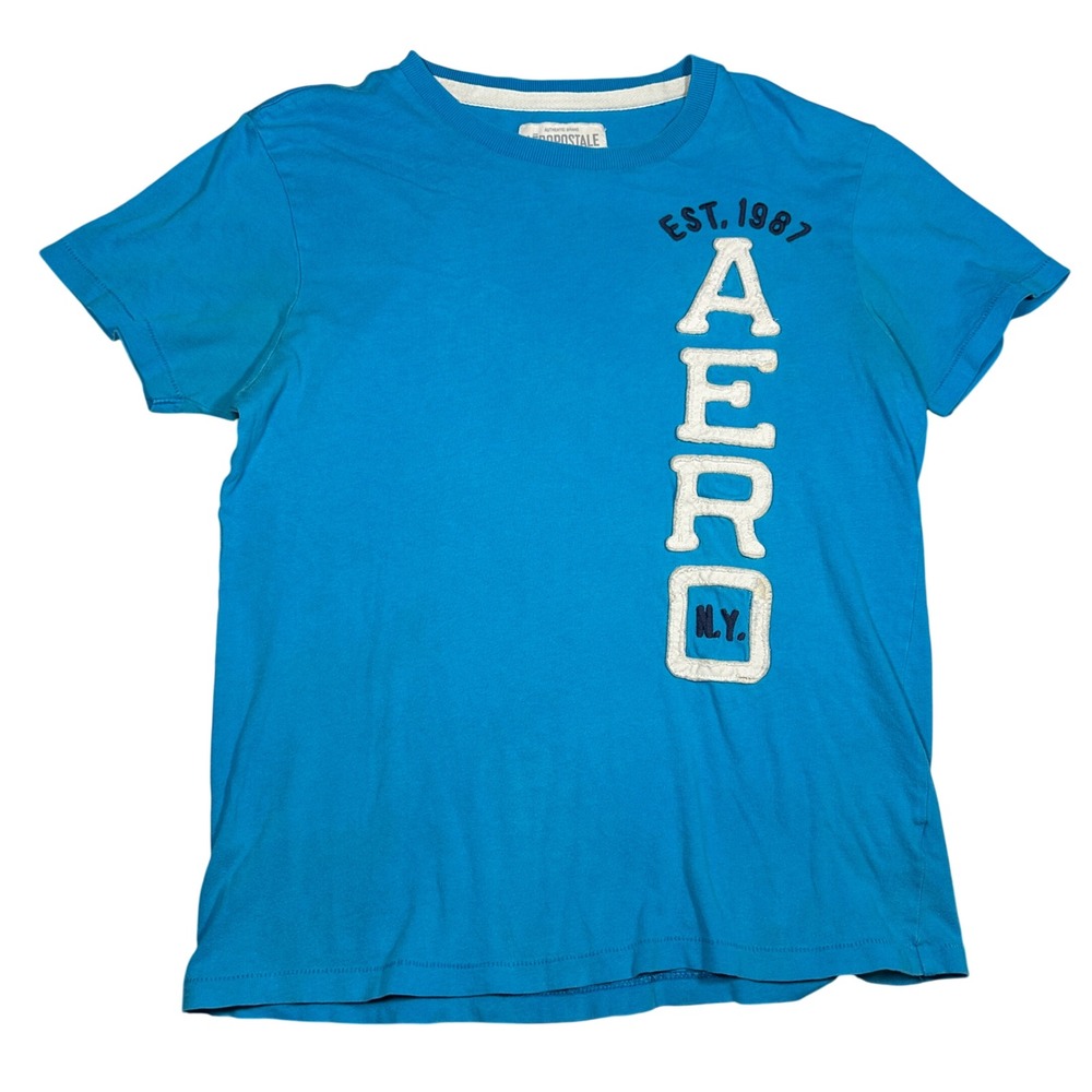 Y2K Aeropostale Mens Blue Graphic T-Shirt Applique Logo Est 1987 Size Medium